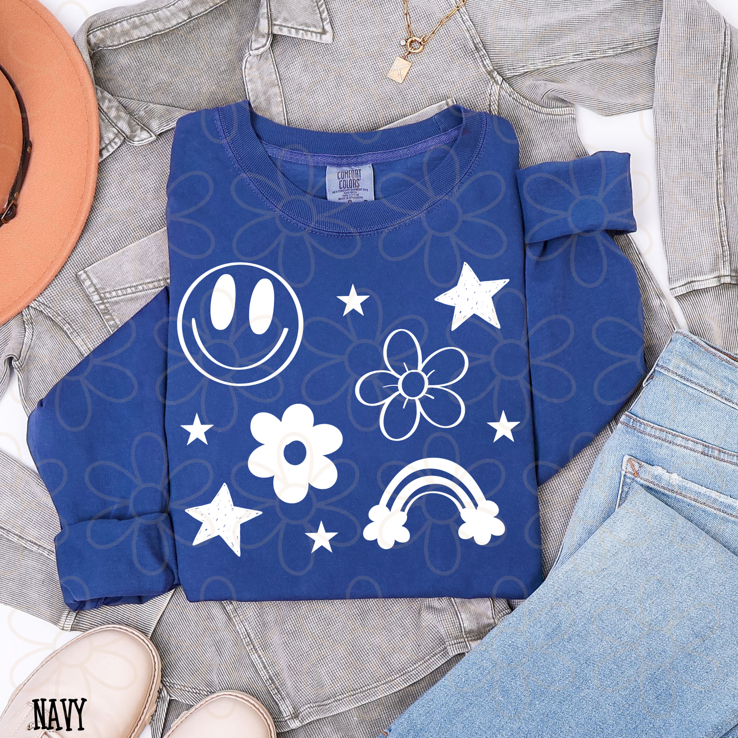 Smiley Stars Rainbow Flowers Kids Completed Tee