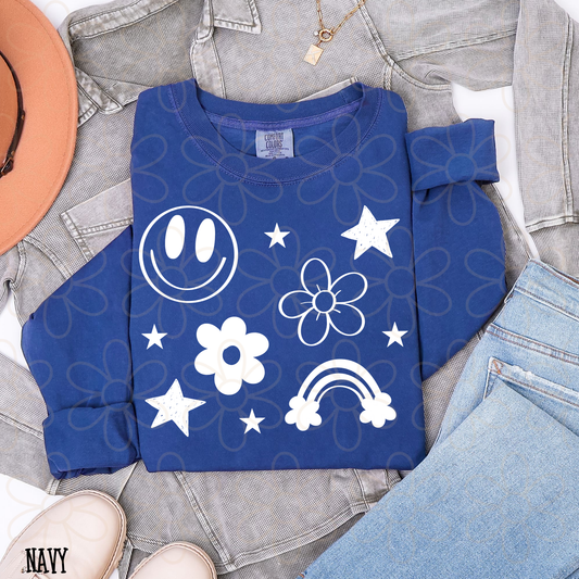 Smiley Stars Rainbow Flowers Completed Tee