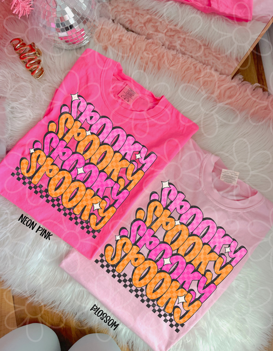 Spooky Pink And Orange Checkered Kids Completed Tee