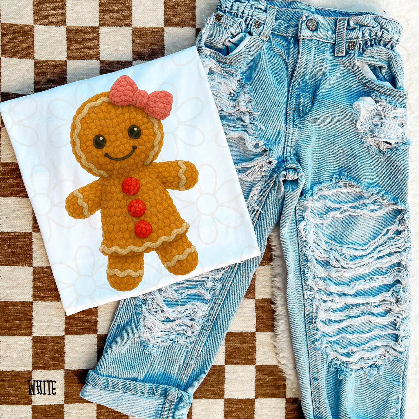 Stitched Gingerbread Bow Kids Completed Tee