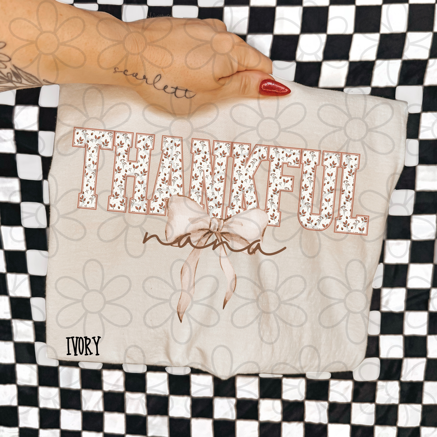 Thankful Floral Tan Bow Names (Multiple Options) DTF Transfer