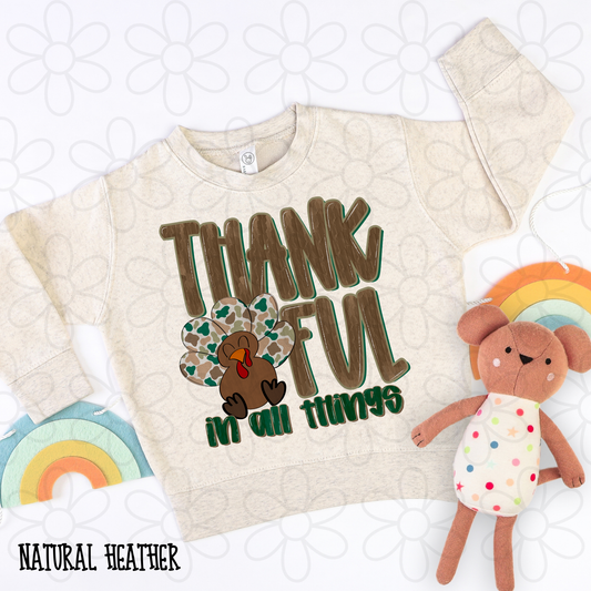 Thankful In All Things Camo Turkey Kids Completed Tee