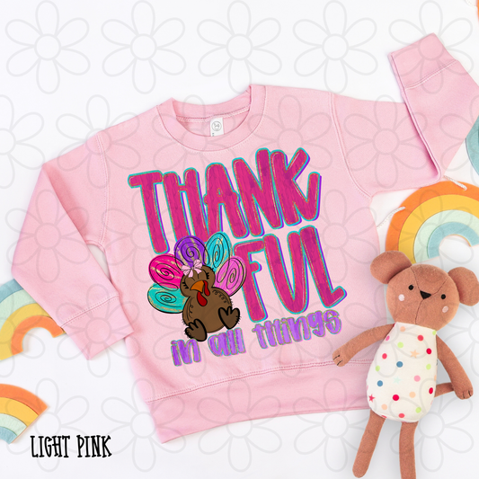 Thankful In All Things Pink Purple Turkey Completed Tee