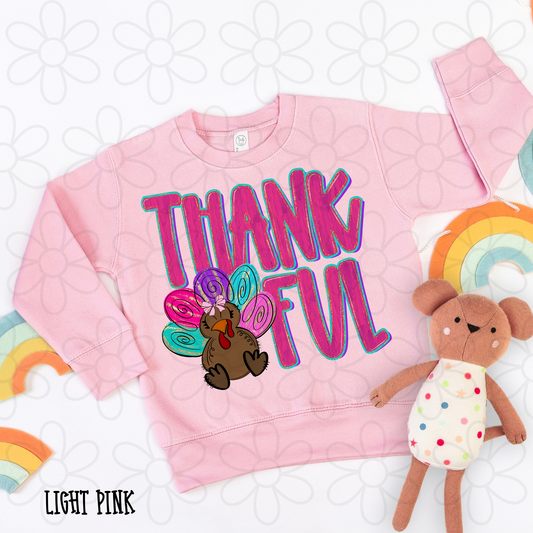 Thankful Pink Purple Turkey Kids Completed Tee