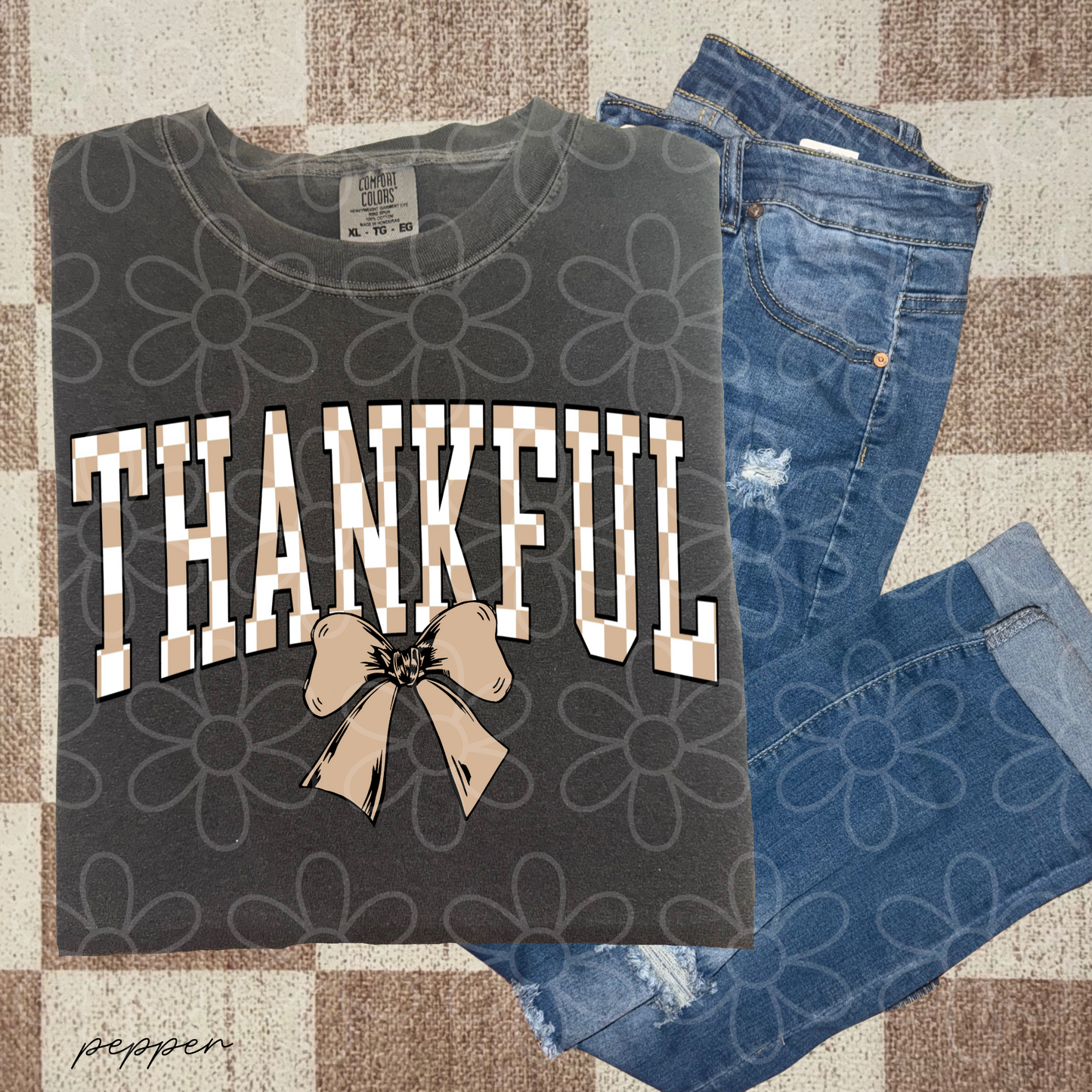 Thankful Tan & White Checkered Bow Kids Completed Tee