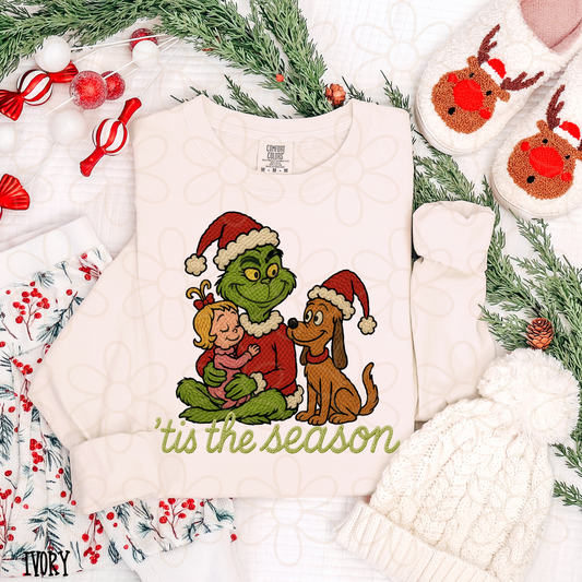 Tis The Season Stitched Grinch Kids Completed Tee