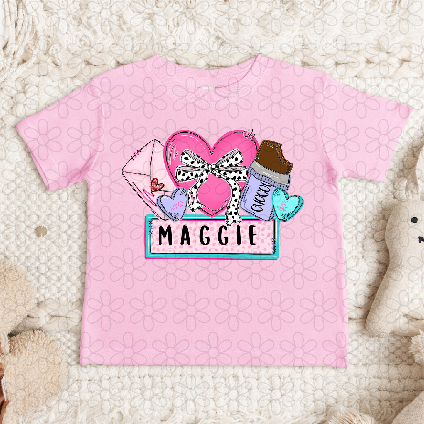 Valentines Heart Bow Custom Name DTF Transfer