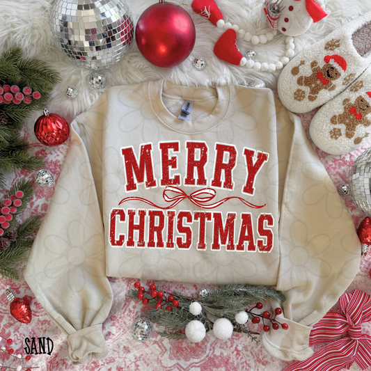 Varsity Red Merry Christmas Bow Completed Tee