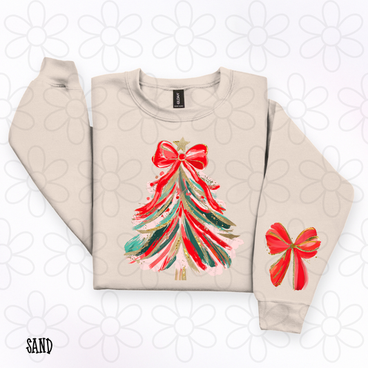 Watercolor Christmas Tree Red Gold Bow DTF Transfer