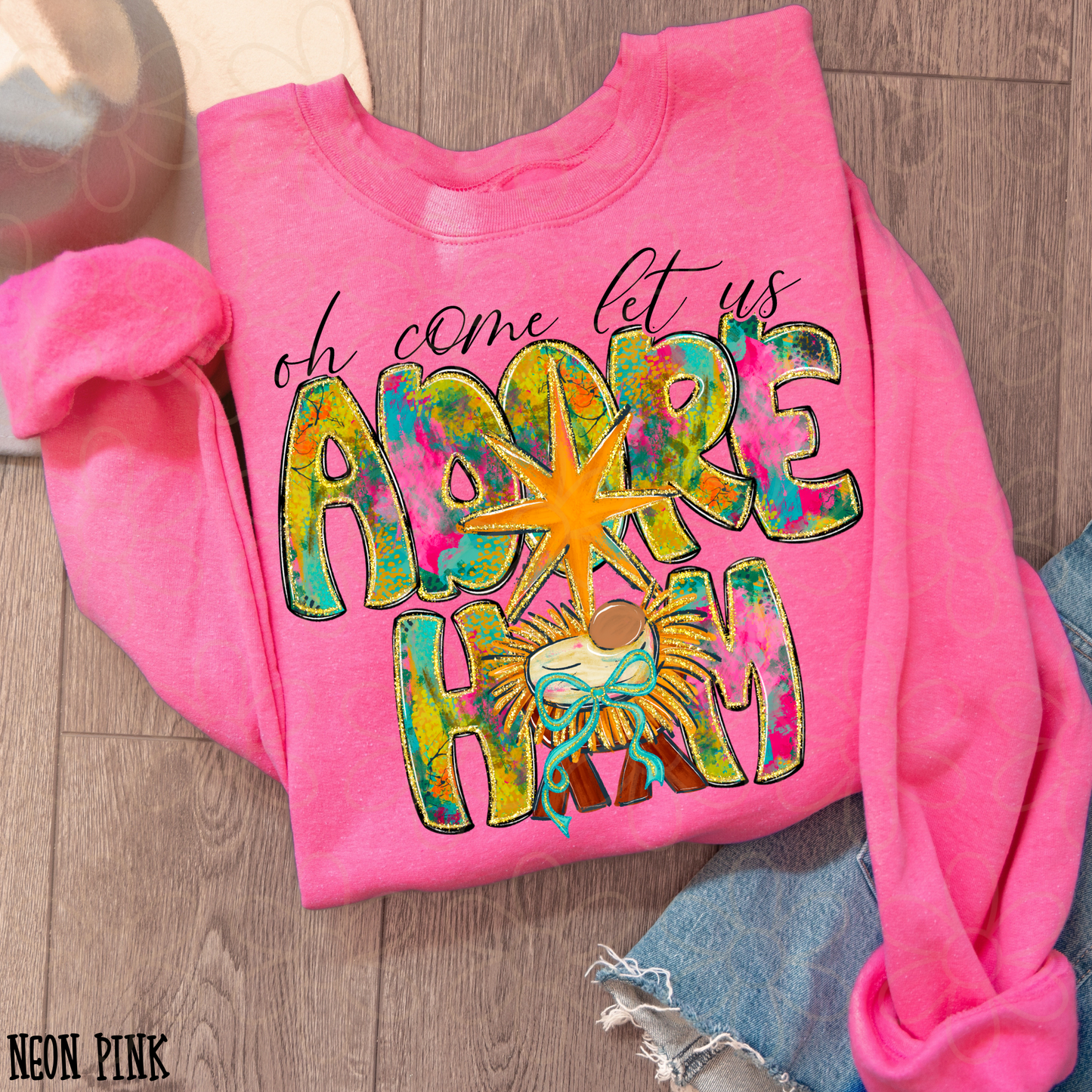 Watercolor Oh Come Let Us Adore Him Completed Tee