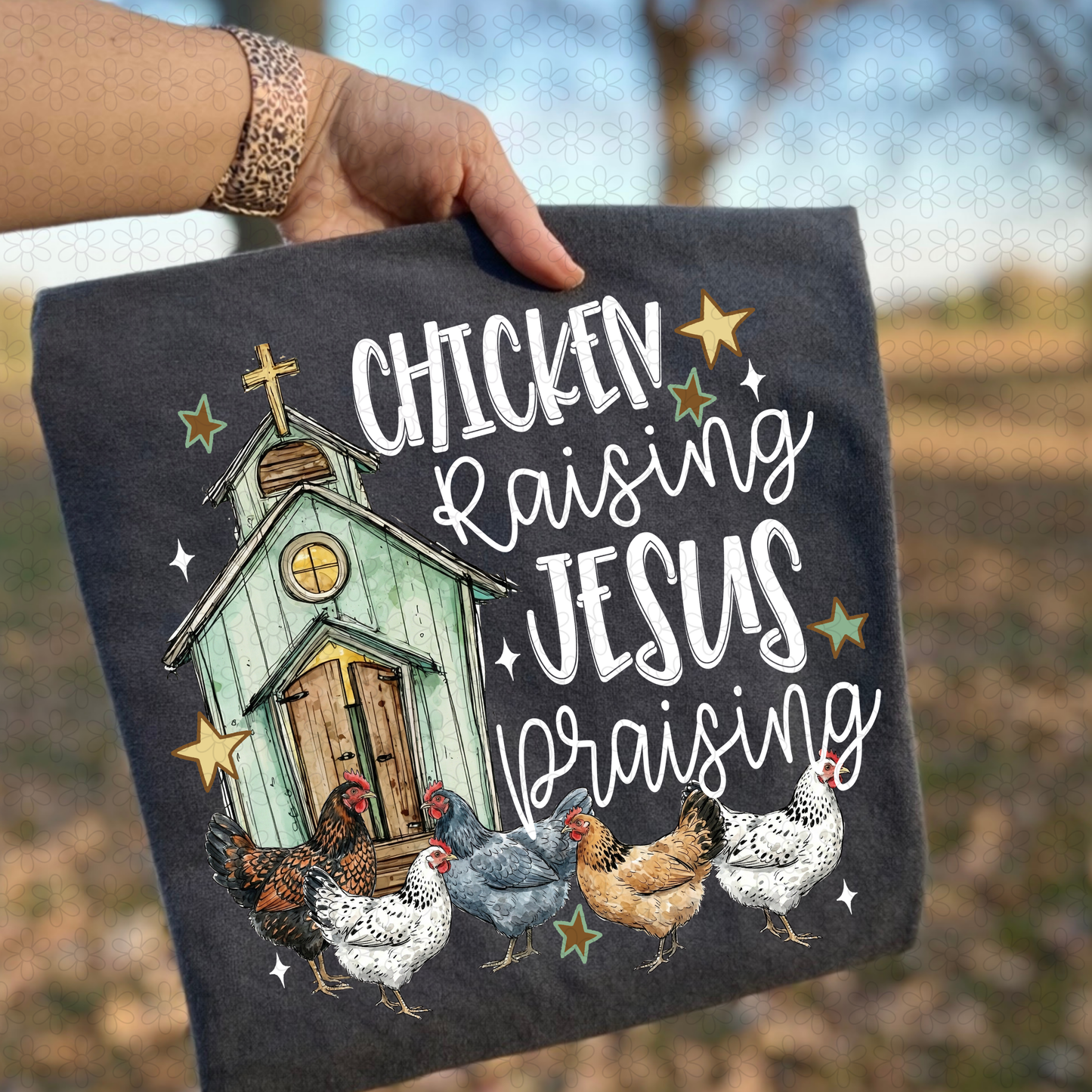 White Chicken Raising Jesus Praising DTF Transfer