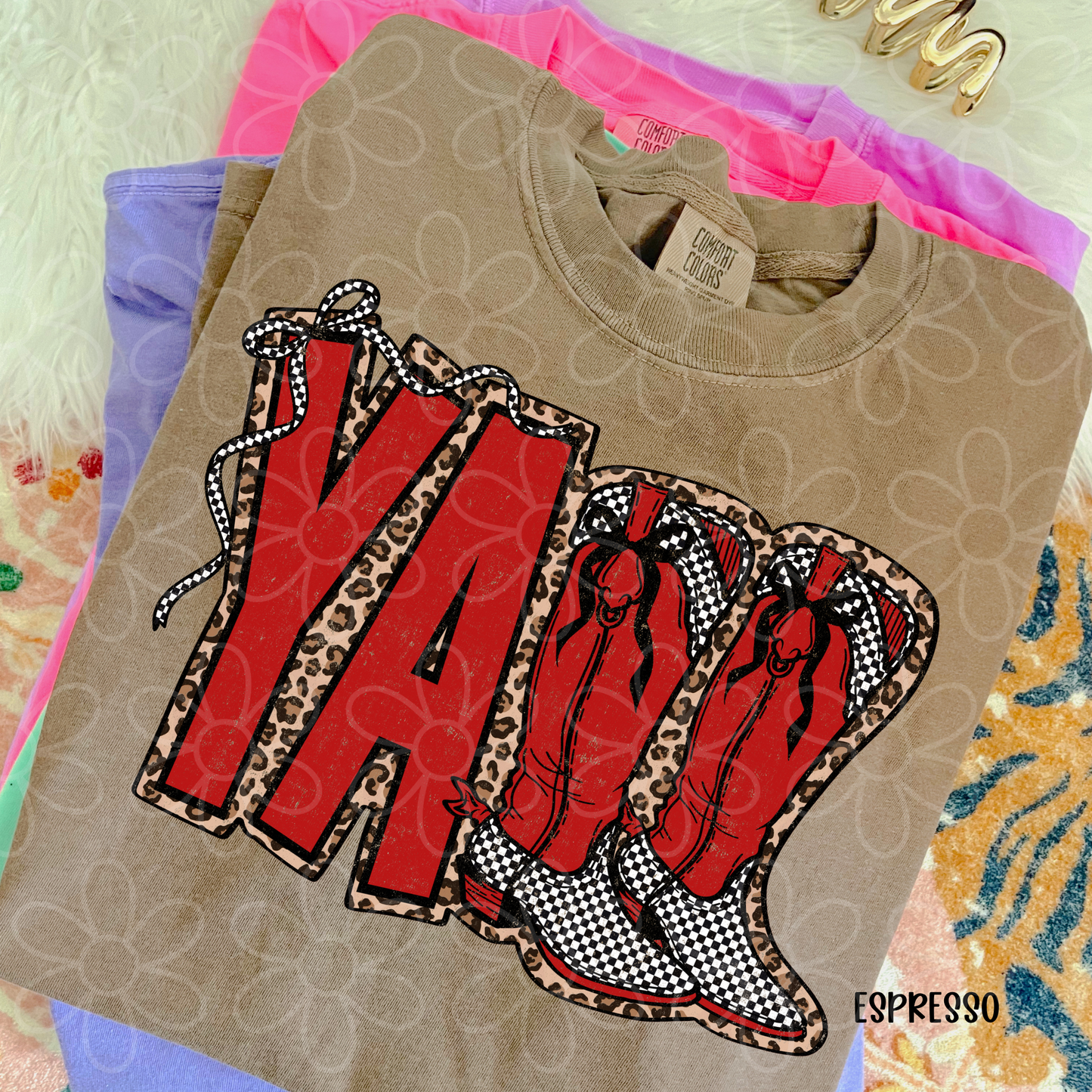Yall Leopard Checkered Red Boots Kids Completed Tee