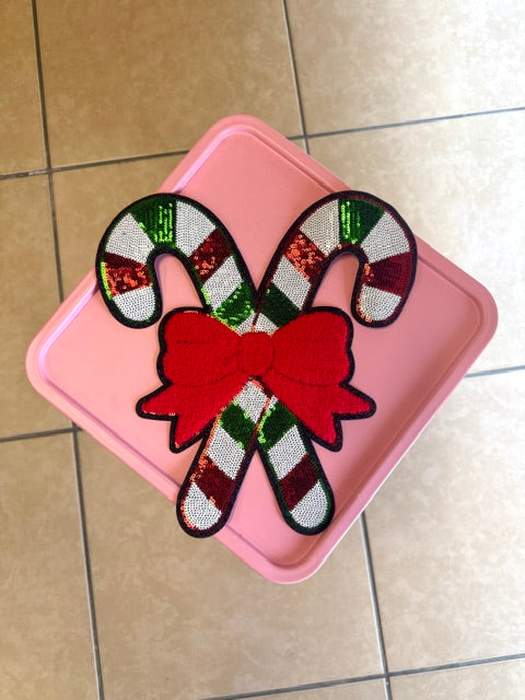 Candy cane red bow coquette sequin patch