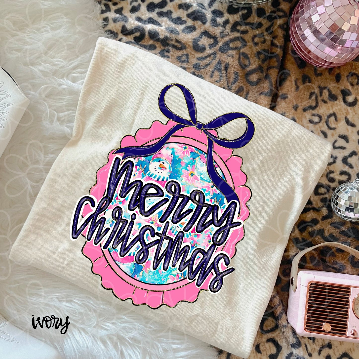 Pink and Blue Floral Merry Christmas DTF Transfer