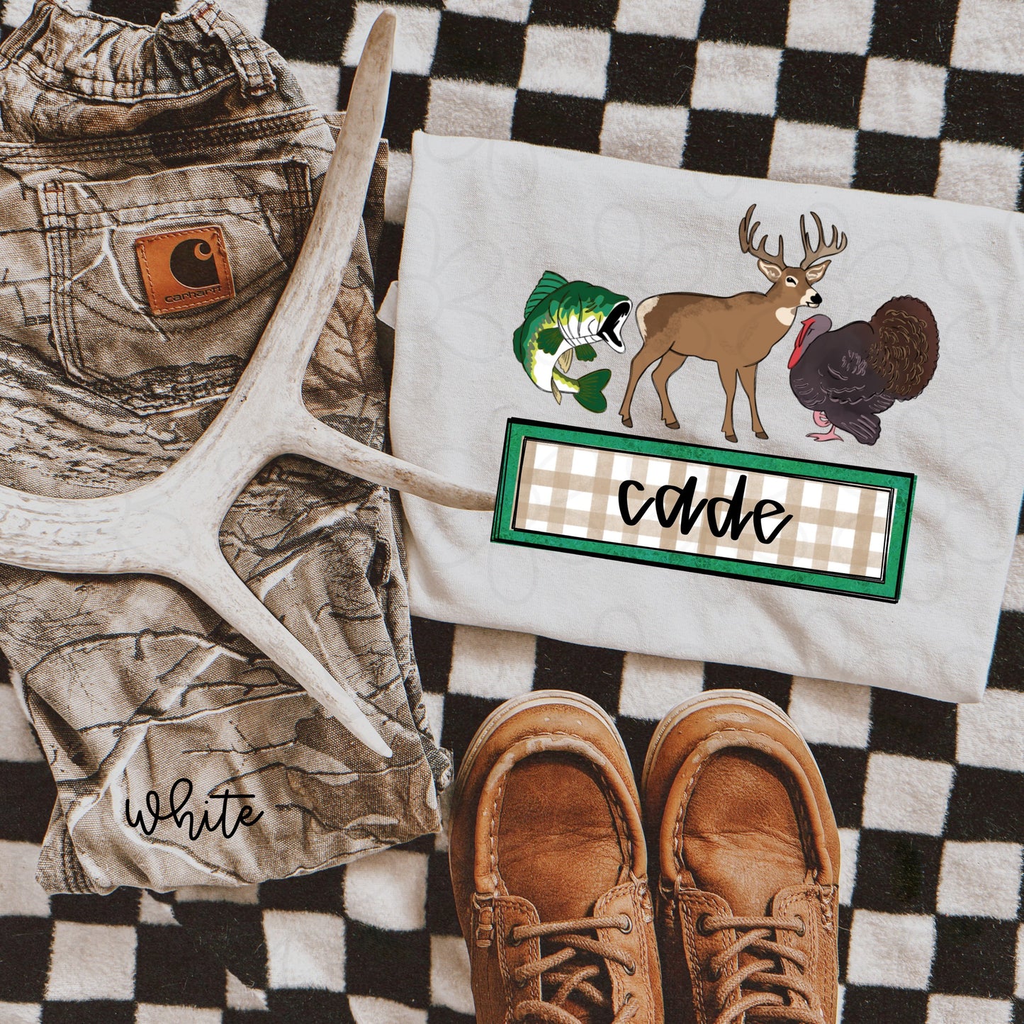 Fish Buck Turkey Custom Name Kids Completed Tee