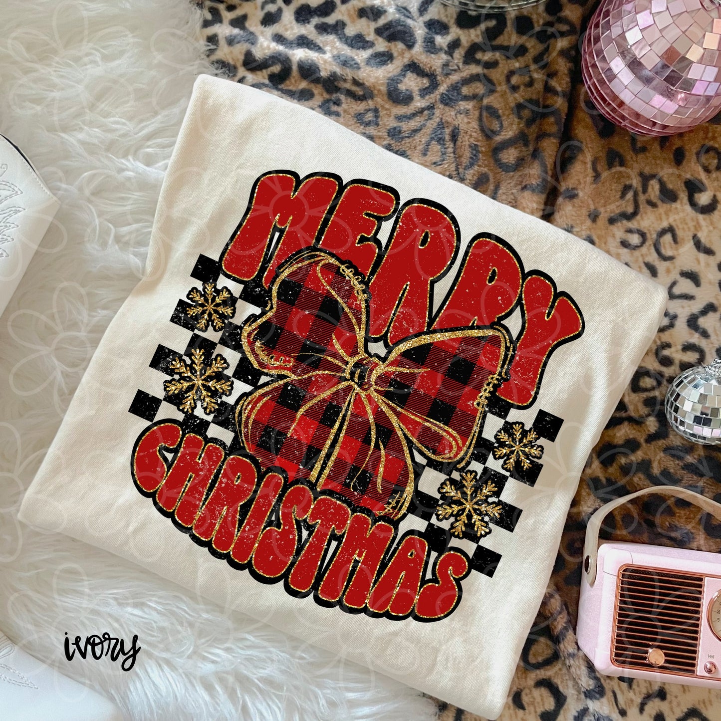 Gold Glitter Red Merry Christmas DTF Transfer