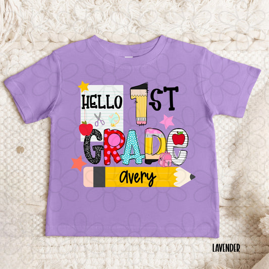 Girls Hello Grade Custom Name Kids Completed Tee