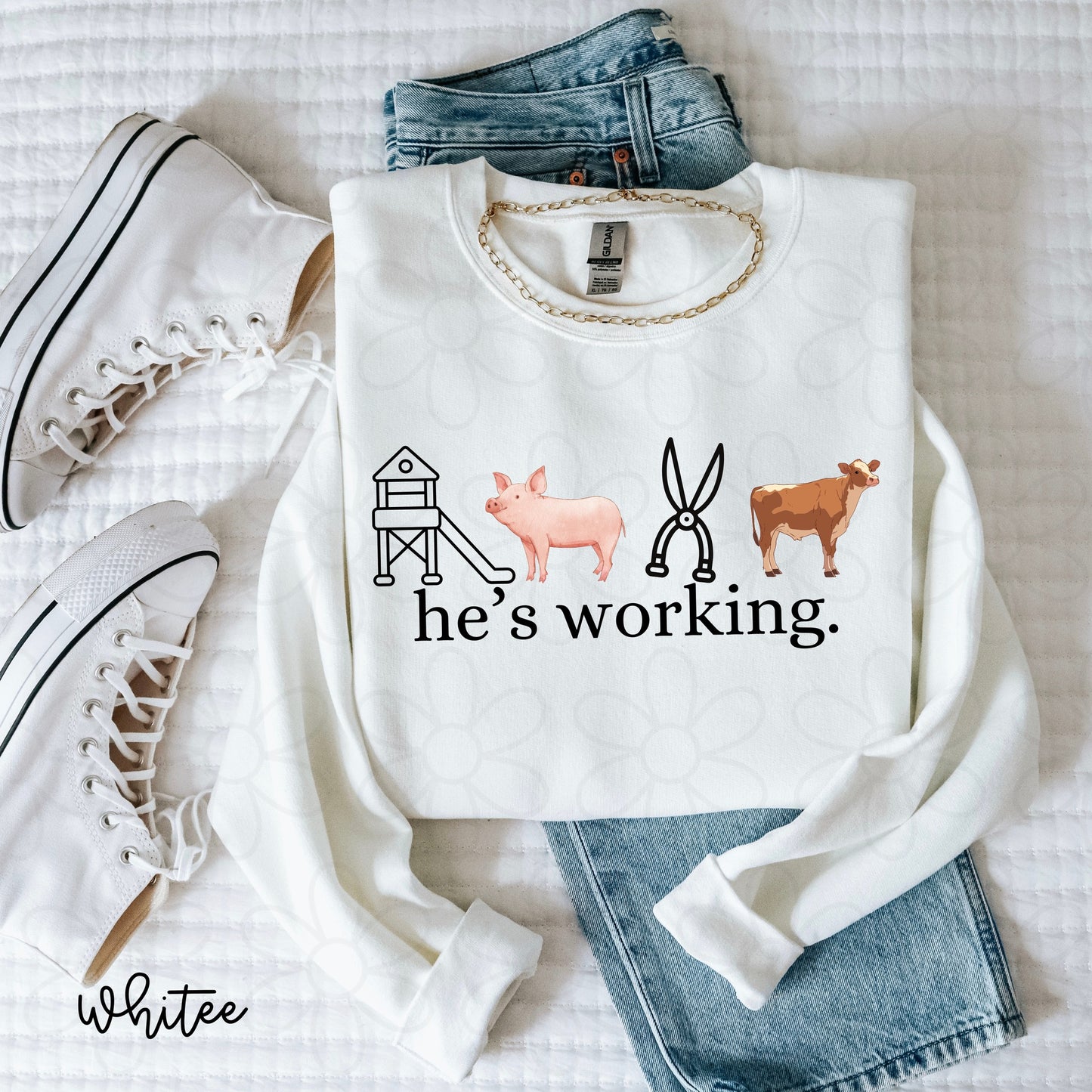 He's Working (Multiple Options) Completed Tee