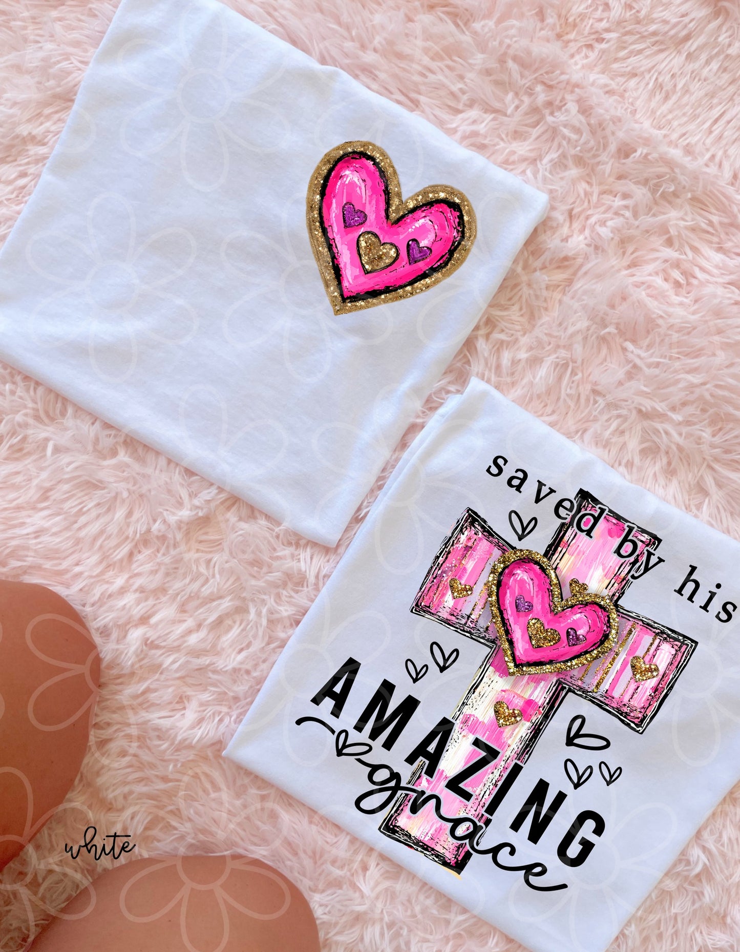 Gold Glitter Cross Saved By His Amazing Grace Kids Completed Tee