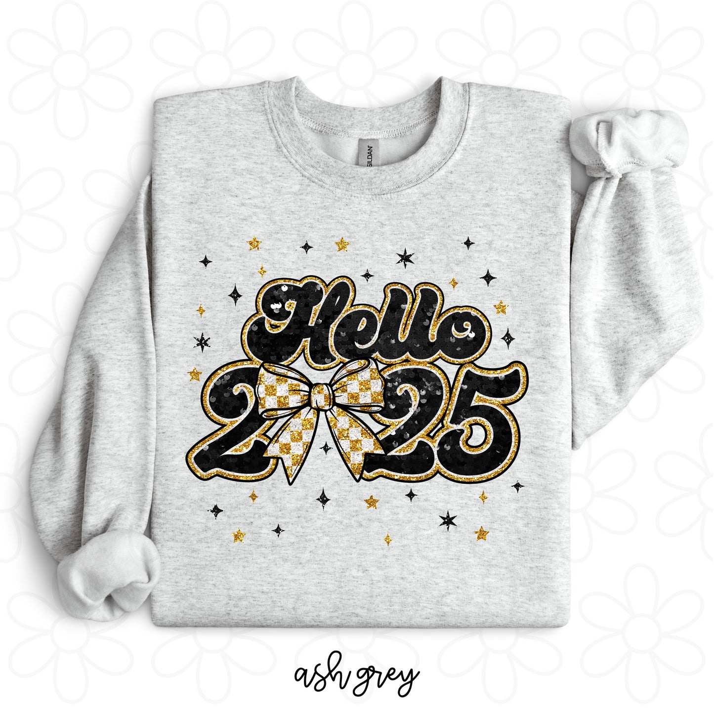 Gold Glitter Hello 2025 Bow Completed Tee