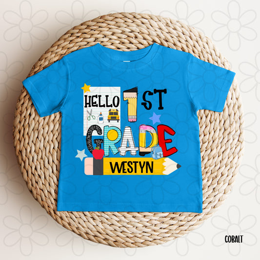 Boys Hello Grade Custom Name Kids Completed Tee