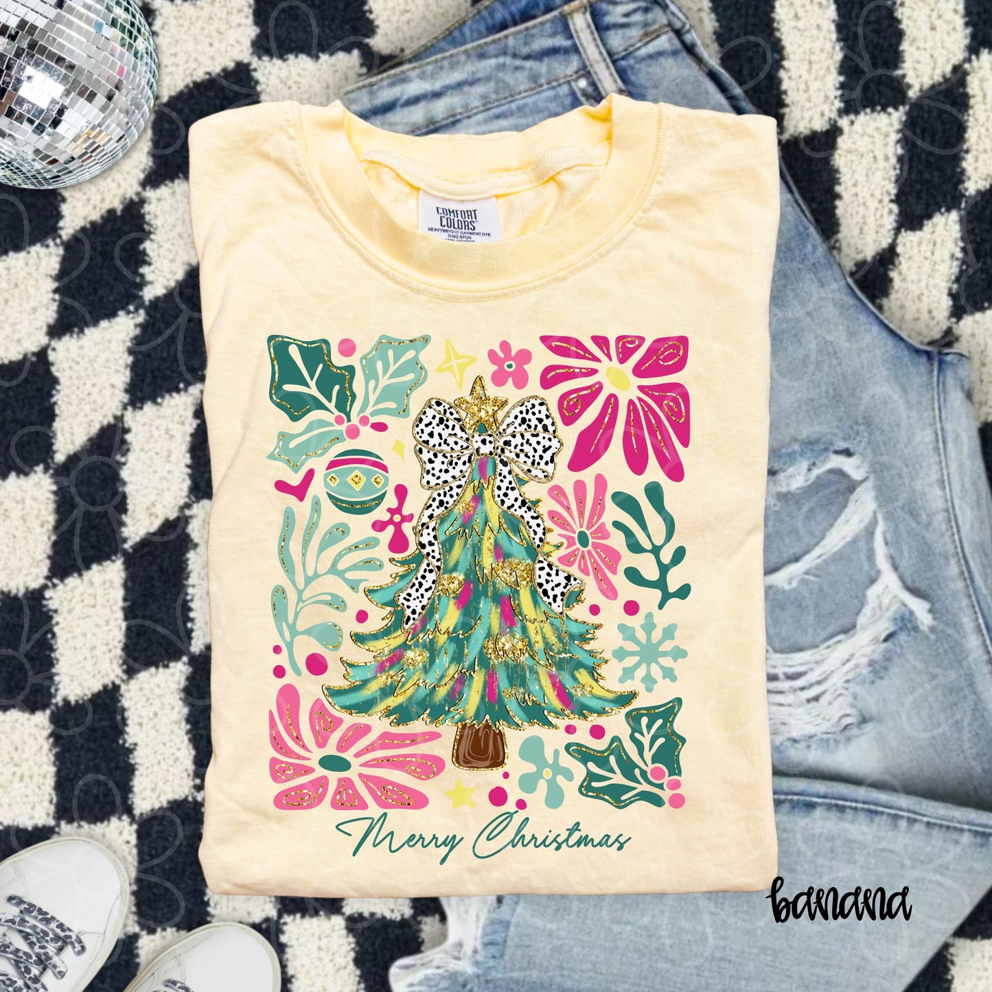 Merry Christmas Pink and Teal Tree Kids Completed Tee