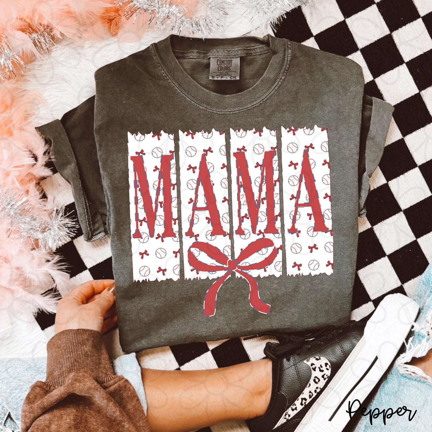 Red Baseball Bow Mama DTF Transfer
