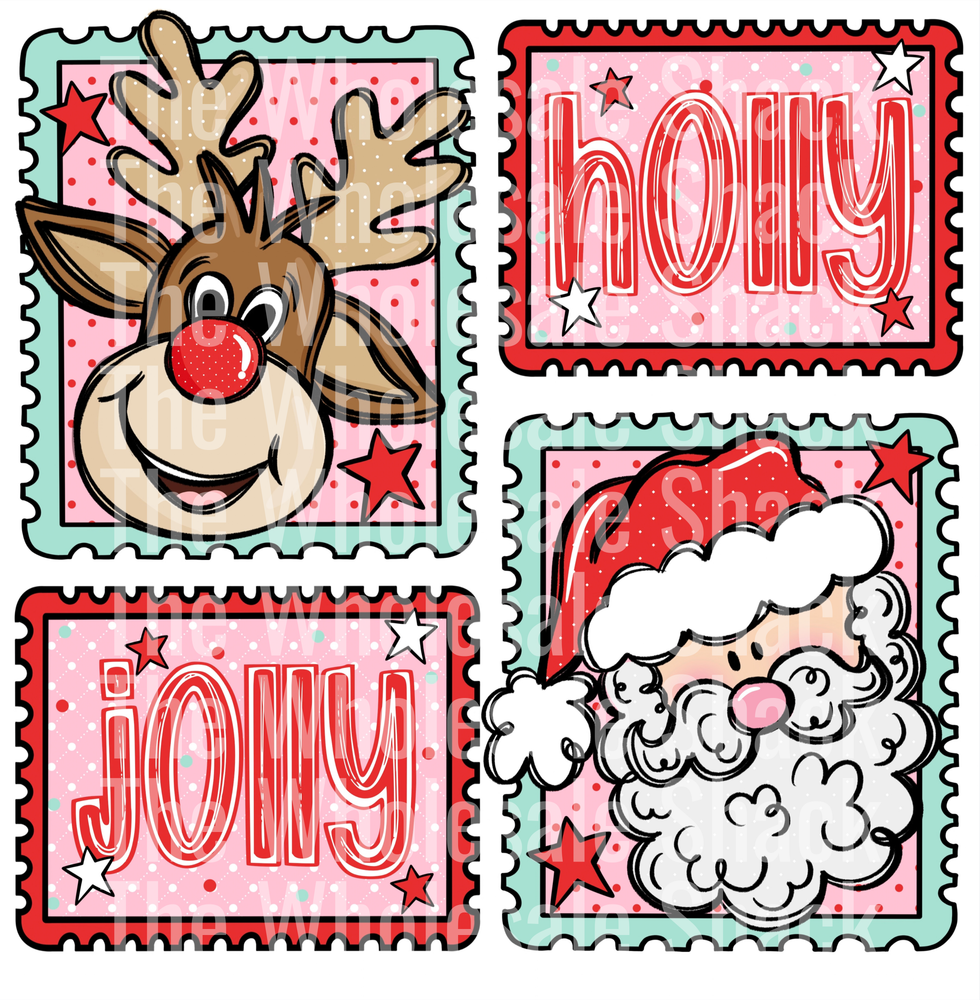 Holly Jolly Reindeer Santa Stamps DTF Transfers