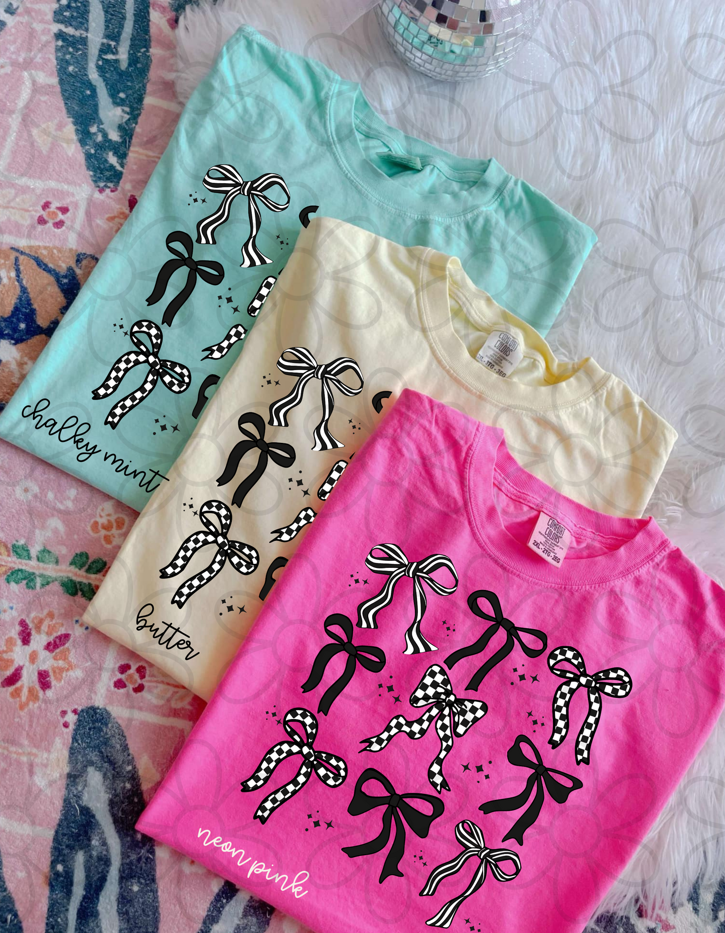White and Black Checkered Coquette Bows Completed Tee