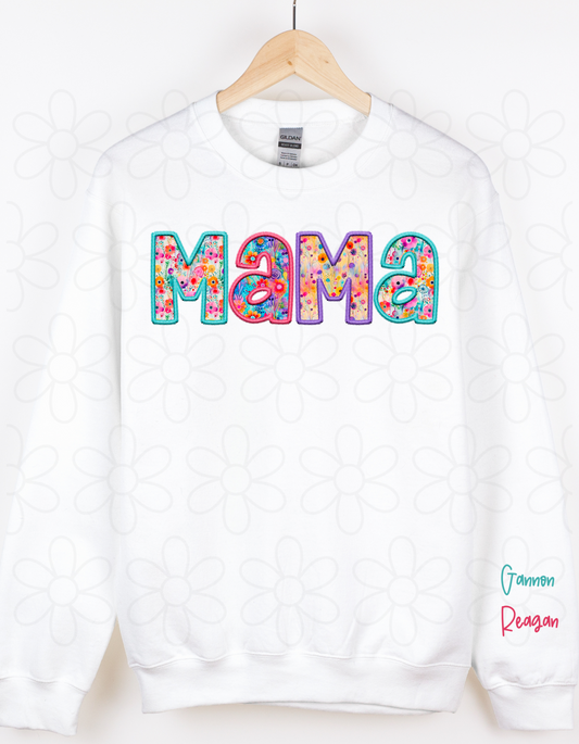 Bright Floral Faux Mama With Name On Sleeves Completed Tee