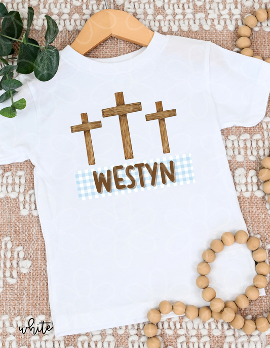 Cross Blue Gingham Custom Name DTF Transfer