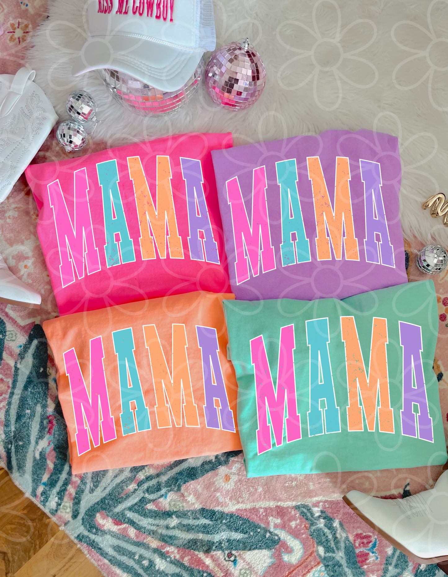 Distressed Neon Varsity Mama Completed Tee