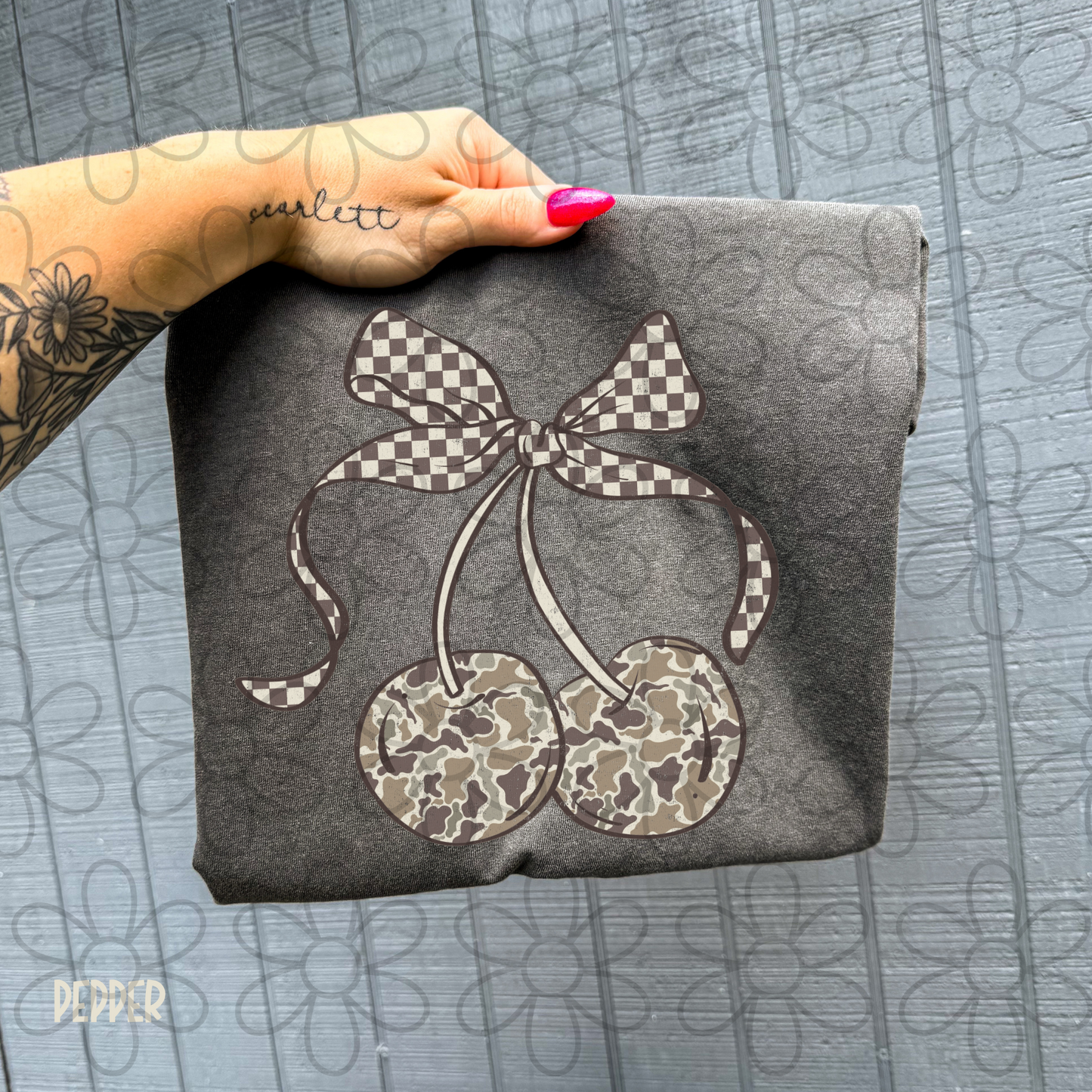 Camo Cherries Checkered Bow Completed Tee