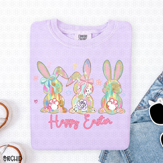 Watercolor Gold Glitter Bunnies Happy Easter Completed Tee