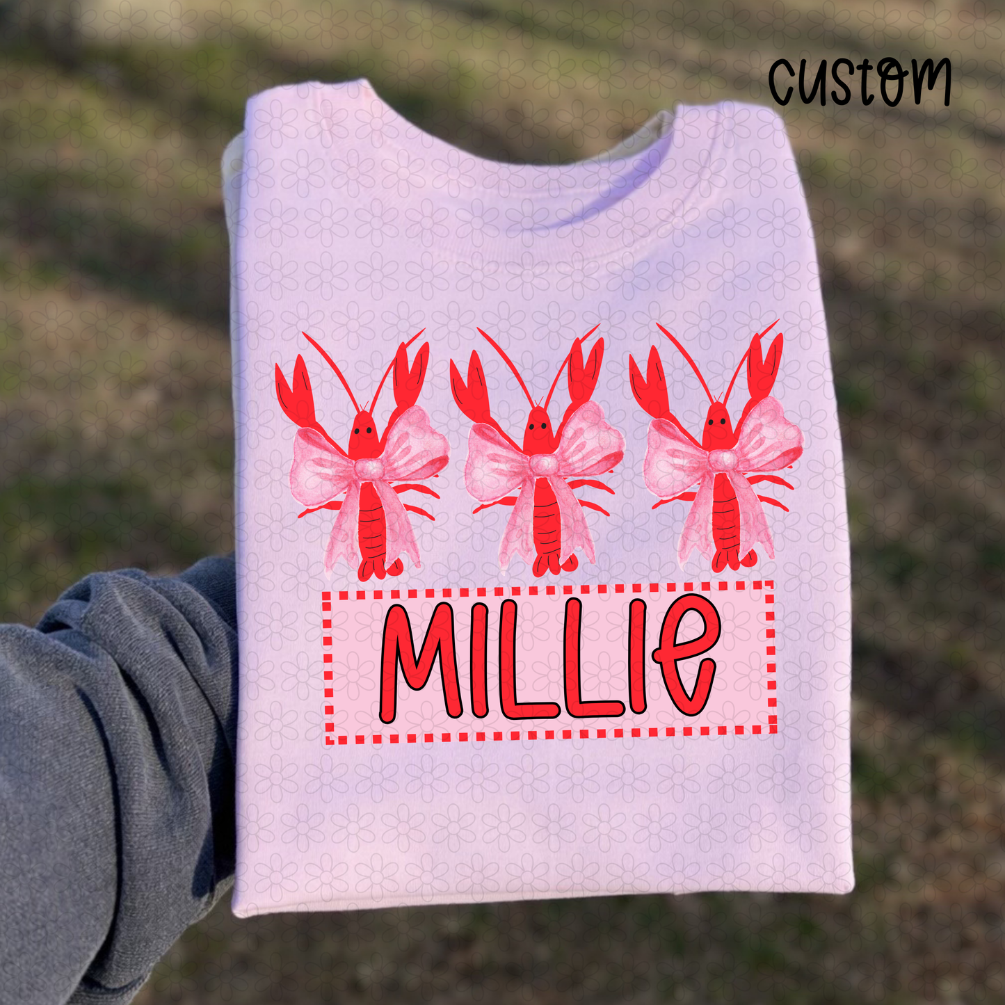 Custom Name Pink Bow Crawfish Completed Tee