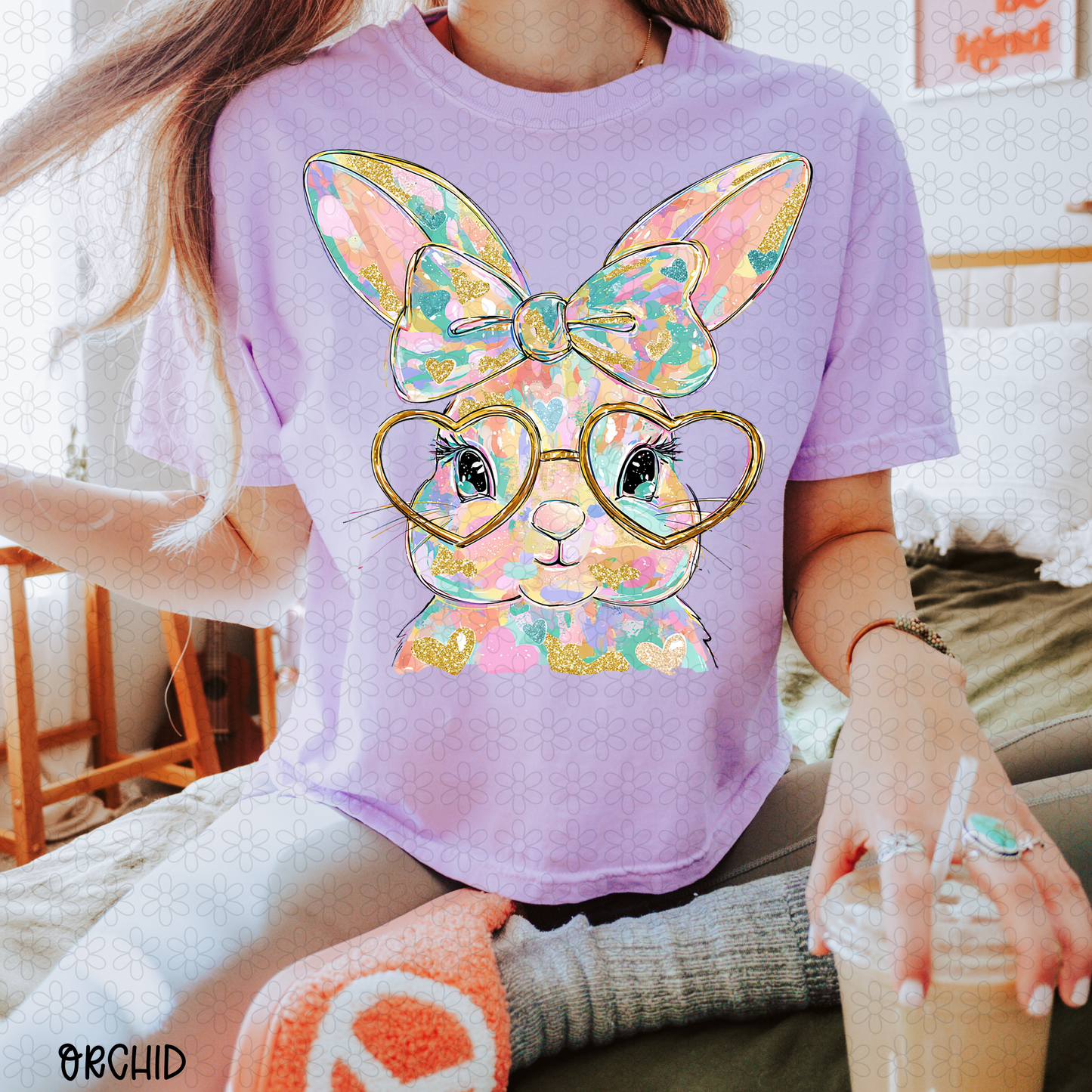 Watercolor Gold Glitter Heart Glasses Bunny DTF Transfer