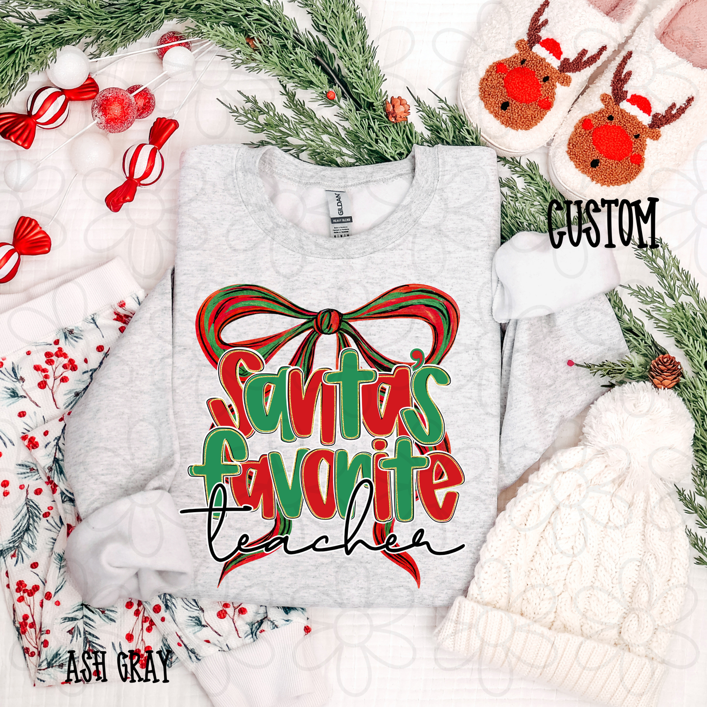 Santas Favorite Coquette Bow Custom Name Completed Tee