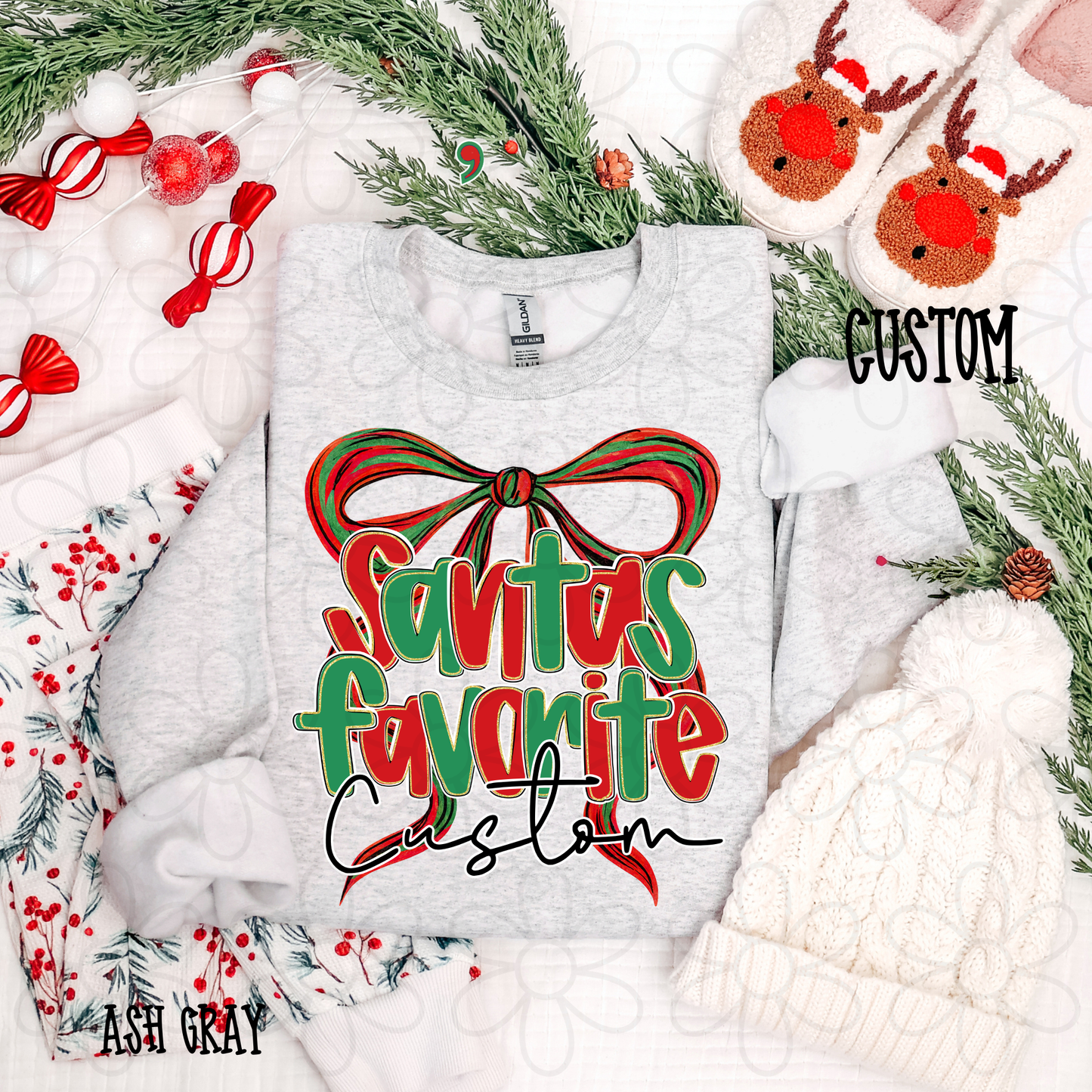 Santas Favorite Coquette Bow Custom Name Completed Tee