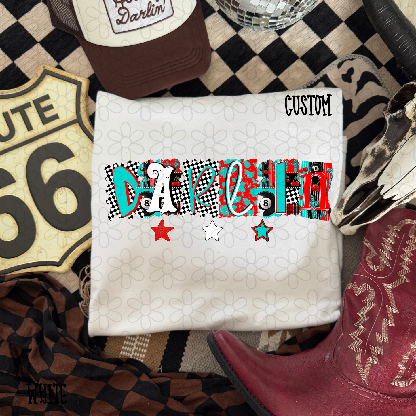 Western Red Turquoise Patterns Custom Name Kids Completed Tee