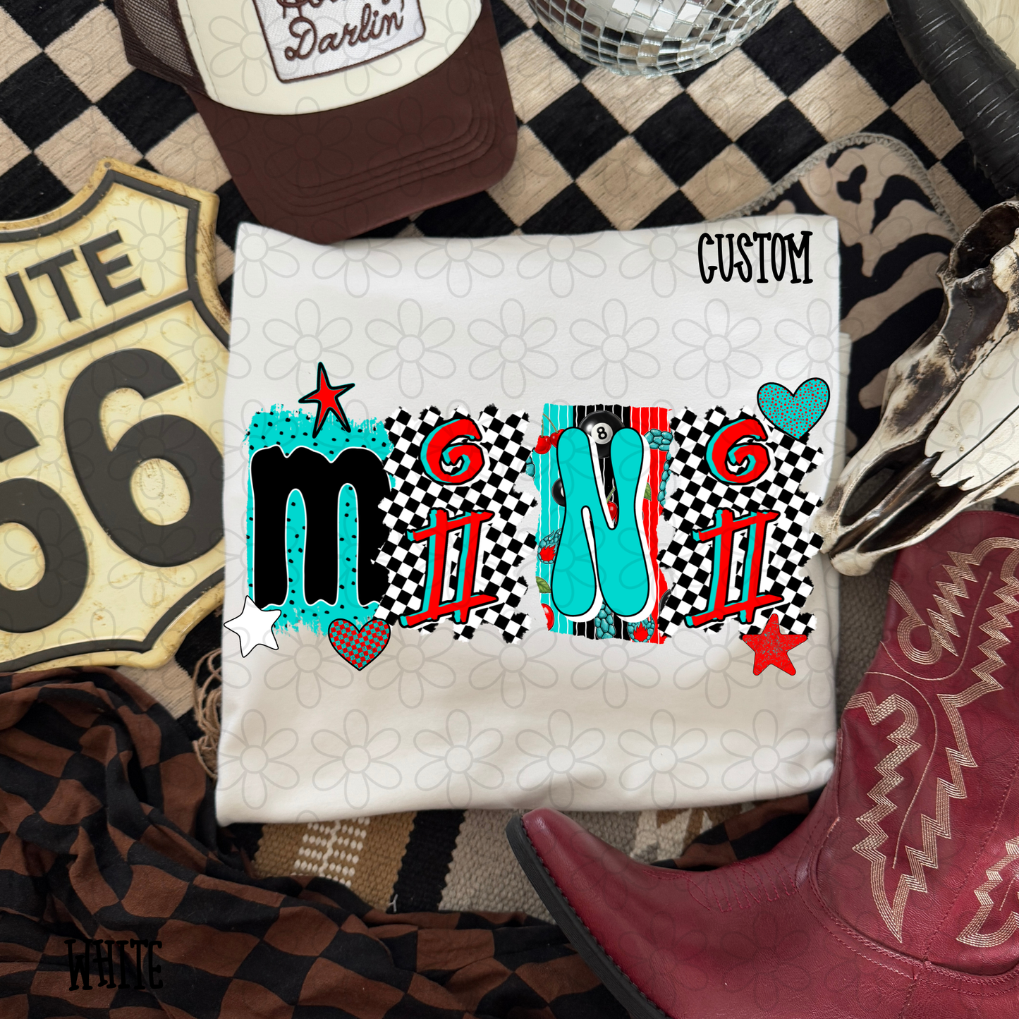 Western Red Turquoise Patterns Custom Name Kids Completed Tee