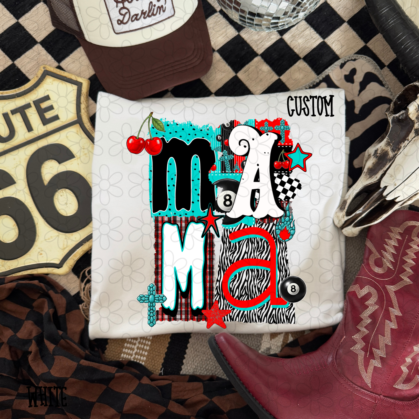 Stacked Western Red Turquoise Patterns Custom Name Kids Completed Tee