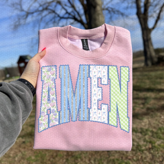 Blue Lace Floral Glitter Amen DTF Transfer