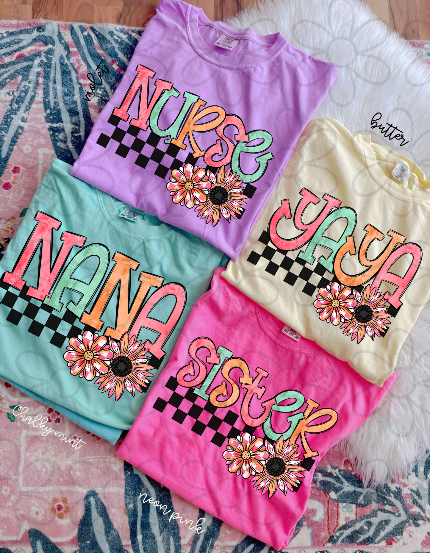 Checkered Flower Names (Multiple Options) Completed Tee