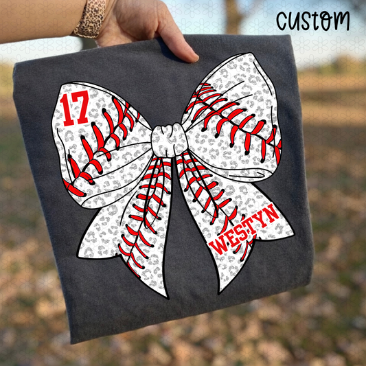 Custom Name and Number Leopard Baseball Bow DTF Transfer