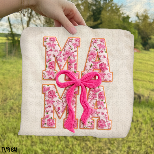 Faux Pink Floral Mama with Bow Completed Tee