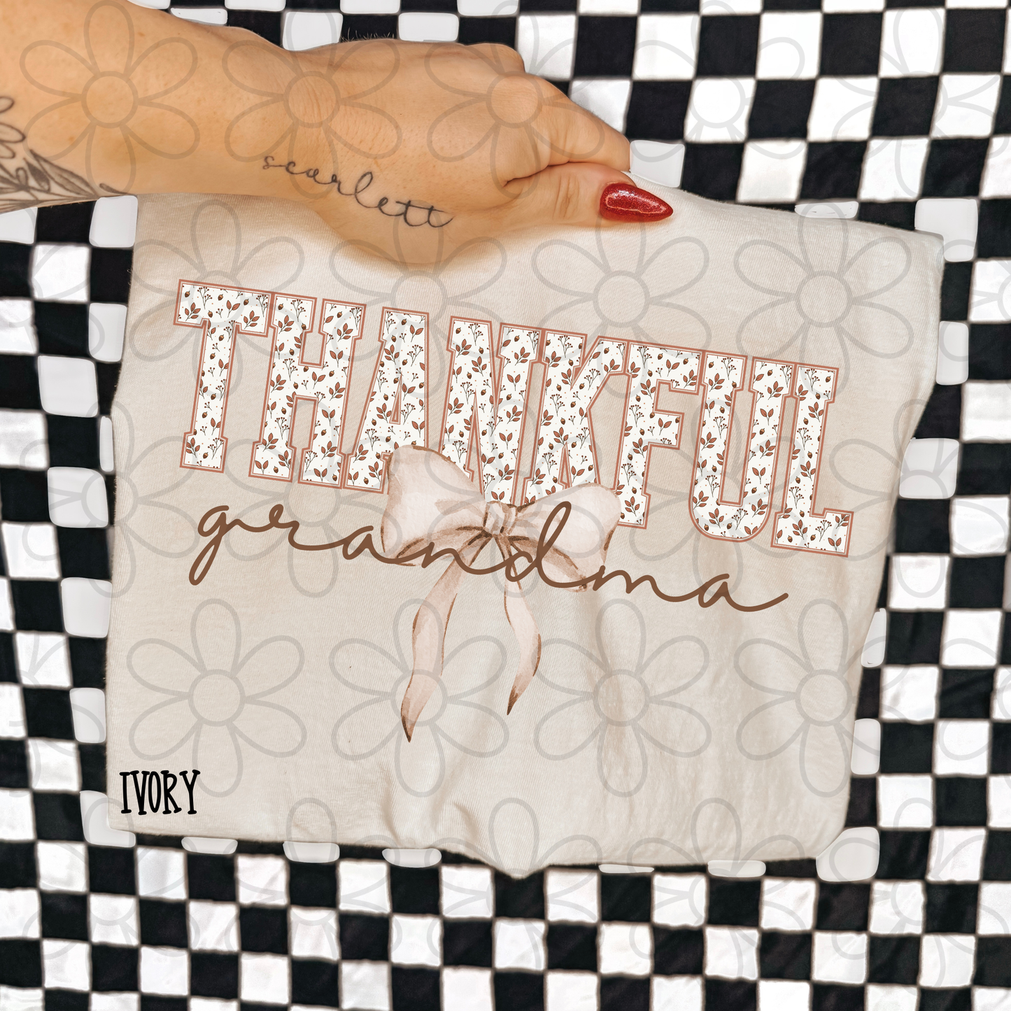 Thankful Floral Tan Bow Names (Multiple Options) DTF Transfer