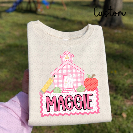 Custom Pink Gingham School Name Plate Completed Tee