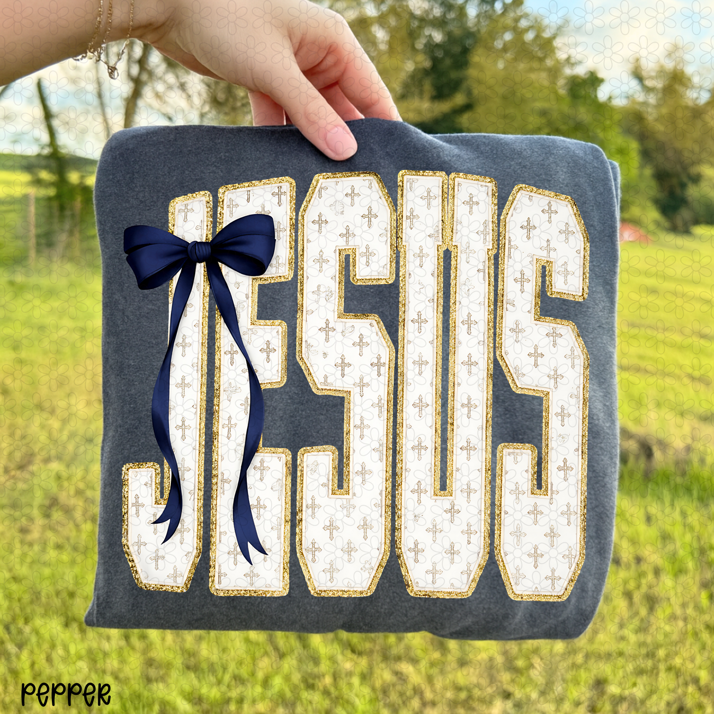 Cross Gold Glitter Jesus Blue Bow Completed Tee