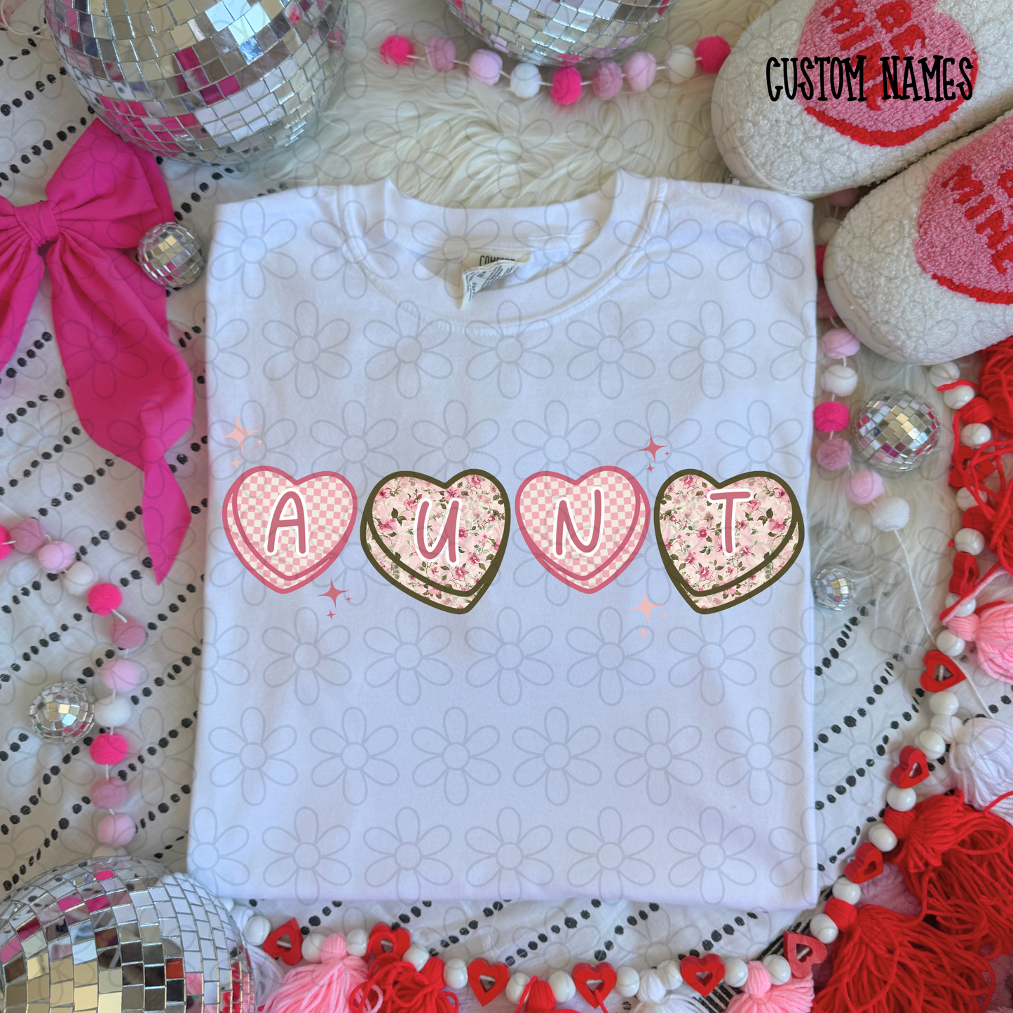 Valentine Checkered Floral Hearts Custom Name Completed Tee