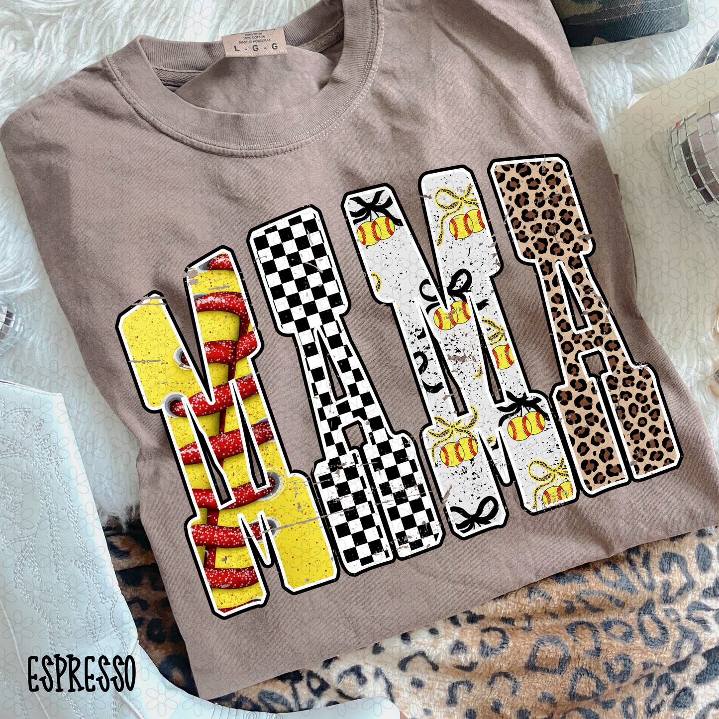 Softball Checkered Leopard Mama Completed Tee
